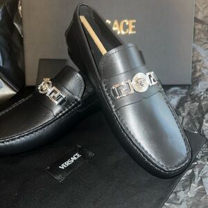 Moccasins Versace Black Leather Slip-On Loafers with Silver Medallion